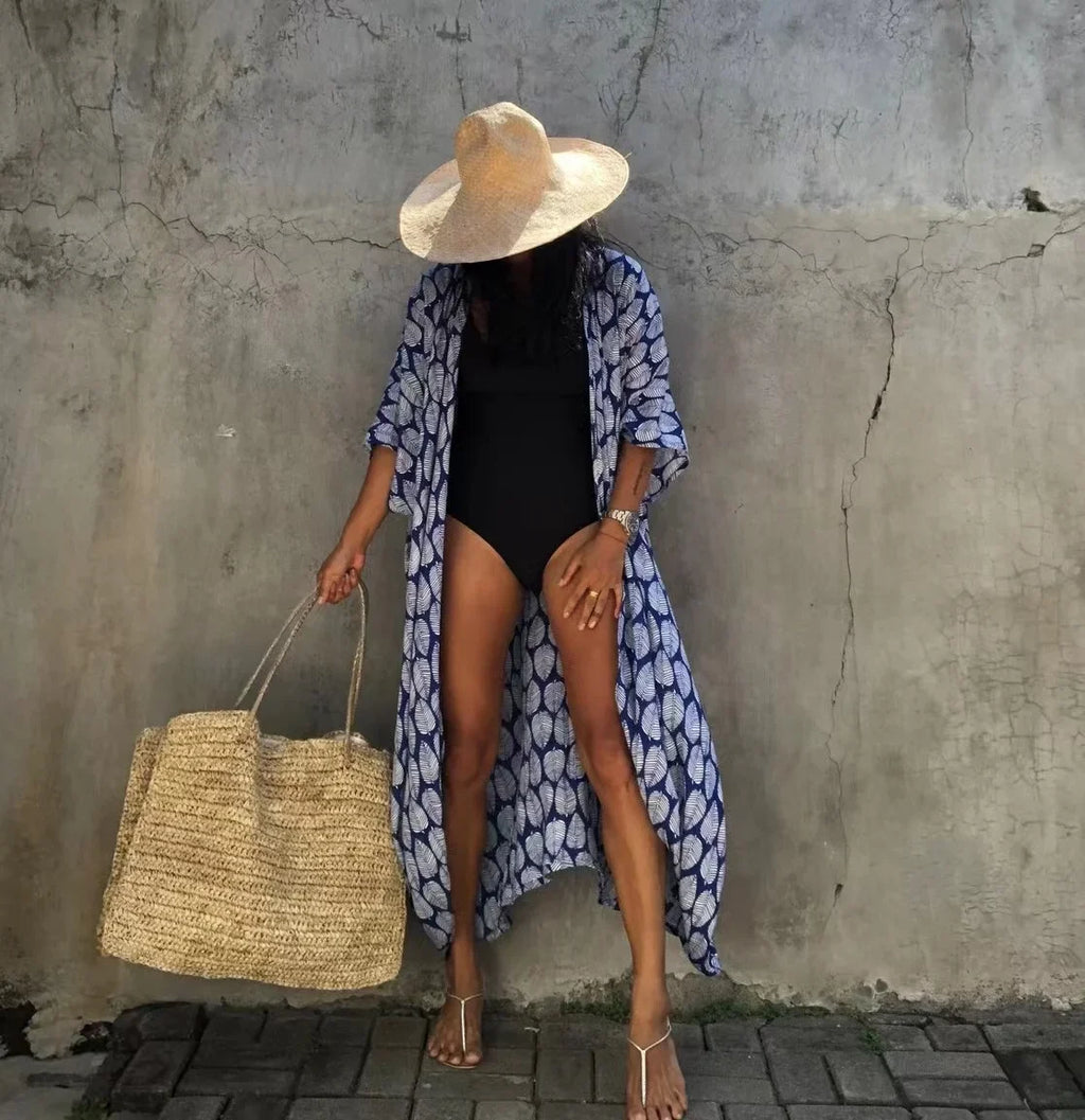 2024 New Summer Sexy Beach Kimono Swimwear Cotton Cover Up Swimsuit Women Print Bikini Cover Up Beachwear Dress Robe