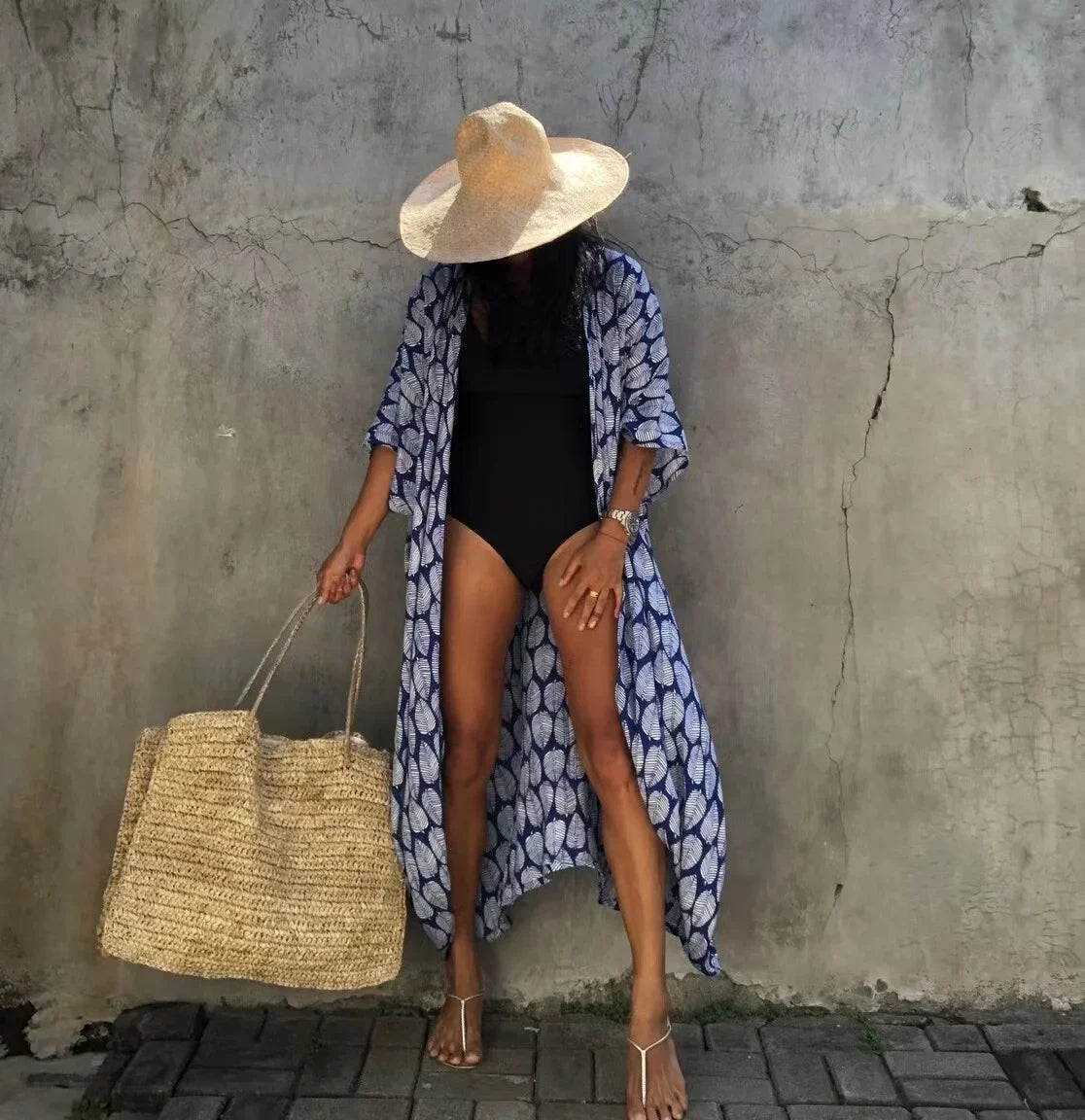 2024 New Summer Sexy Beach Kimono Swimwear Cotton Cover Up Swimsuit Women Print Bikini Cover Up Beachwear Dress Robe
