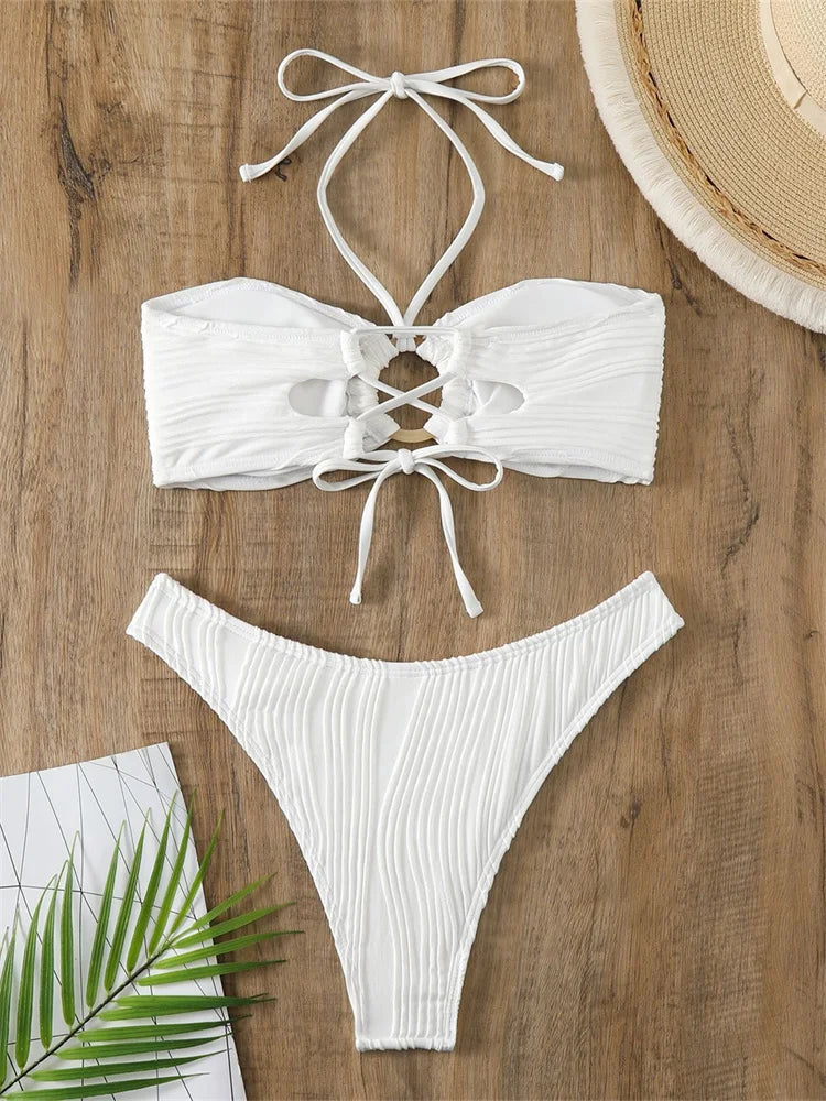 Sexy Bikini 2026 Women White Ring Linked Hollow Out Push Up Micro Swimsuit Brazilian Bandeau Bathing Suit Bandage Thong Swimwear