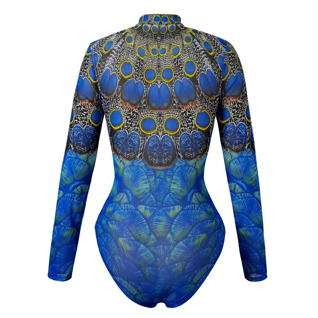 Vintage Sunscreen One Piece Swimsuit Skirt Set Women Peacock Print Long Sleeve Zipper Swimwear Beach Bathing Suit Monokini 2025