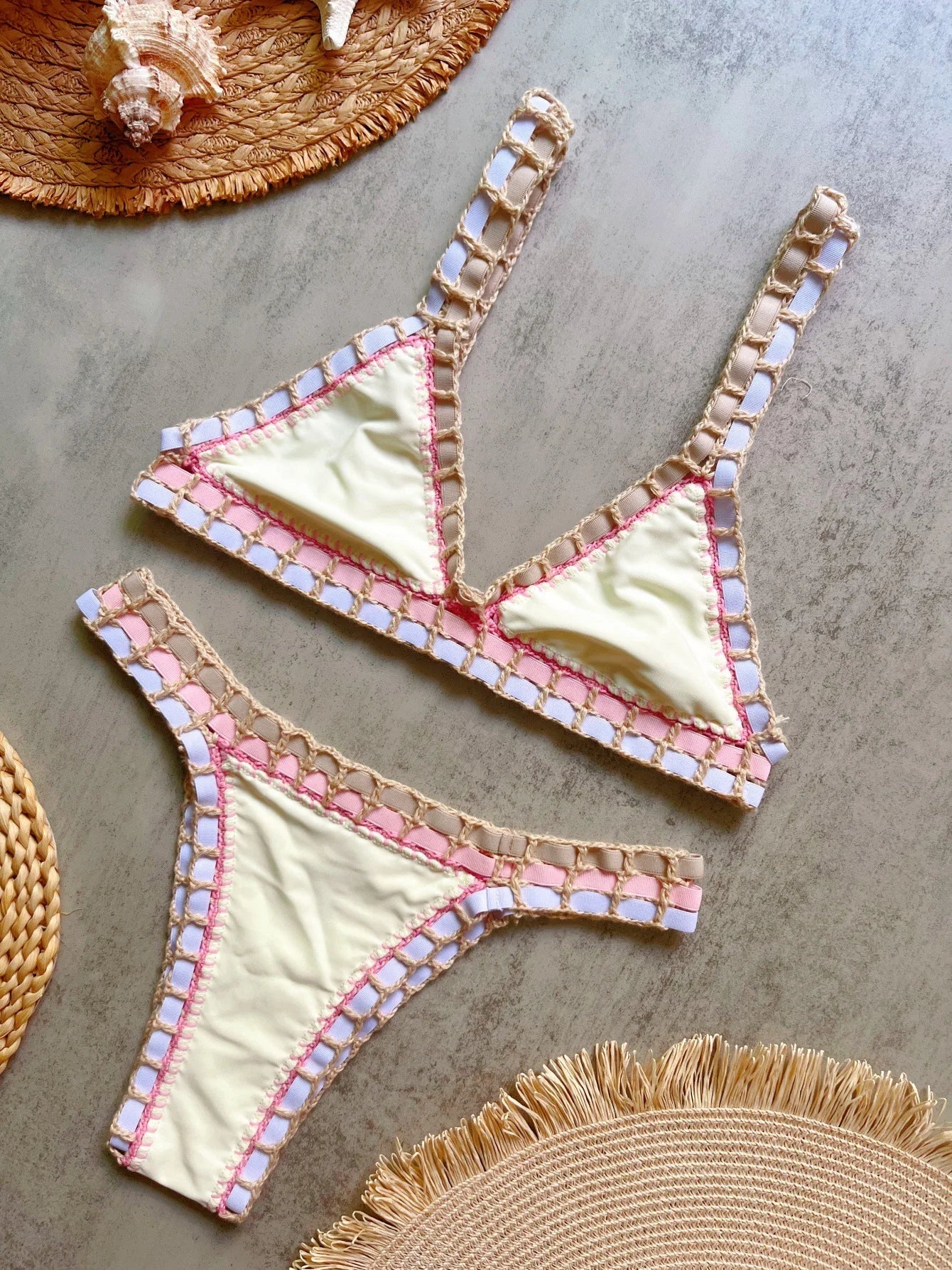 Sexy Black Patchwork Hand Crochet Bikini Set Women 2026 V Neck Push Up Bra Thong Swimsuit Beach Bathing Suit Knitted Swimwear