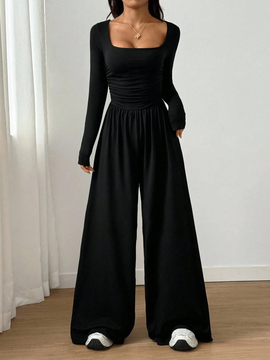 Women's Casual Solid Color Square Neck Long Sleeve A-Line Jumpsuit Pleating Wide Leg Loose Mopping Jumpsuit Spring/Fall 2026