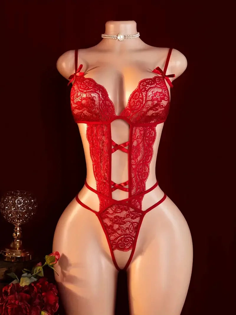 Crotchless Sexy Underwear Women Bodysuit Erotic Lingerie Lace Pajamas See Through Deep V Neck Babydoll Open Bra Hot Lingerie Set