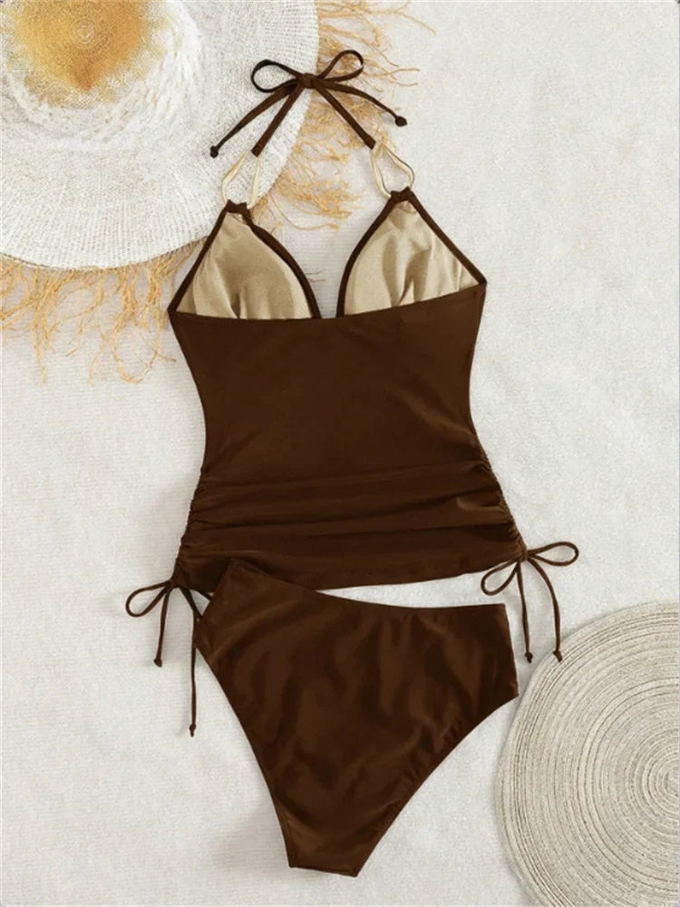 Vintage Black Two Piece Bikini Set 2026 Women Metal Buckle Strap V Neck Pleate Tank Top High Waist Bikini Bathing Suit Swimwear