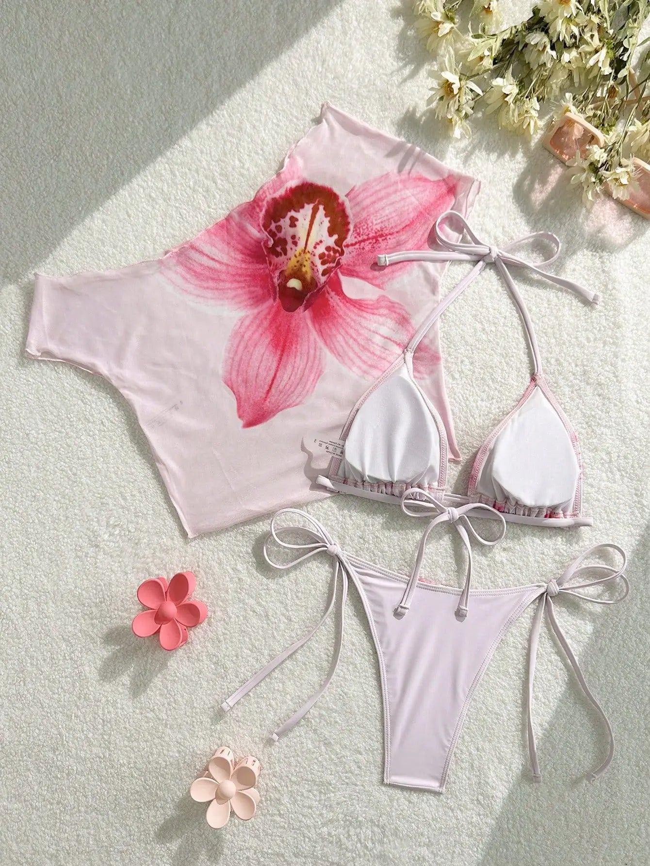 Sexy Pink Floral Print Short Sleeve Cover Up 3 Piece Bikini Set 2026 Women Push Up Thong Swimsuit Holiday Bathing Suit Swimwear