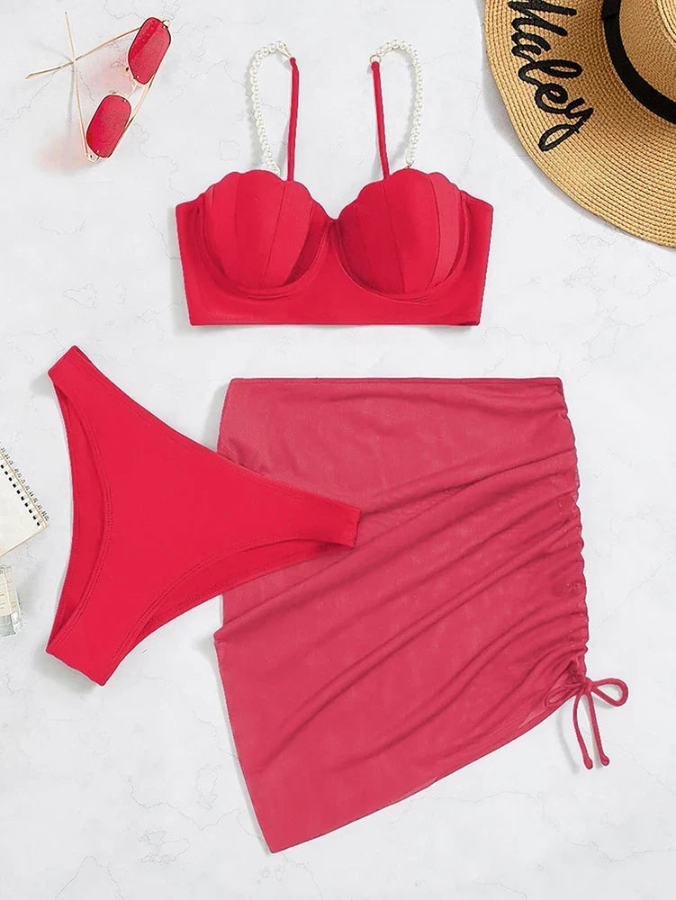 2024 New Sexy 3 Piece Bikinis Set Women Swimsuit with Skirt Swimwear Female Push Up Bikini Beachwear Faux Pearl Bathing Suit
