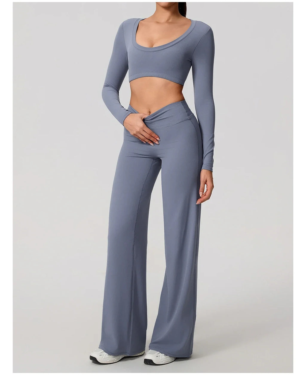 Hearuisavy Sports Set 2Pcs Women's  Long Sleeve Backless Fitted Fitness Top Push Up Pilates Yoga Top Wide Leg Straight Leg Pants