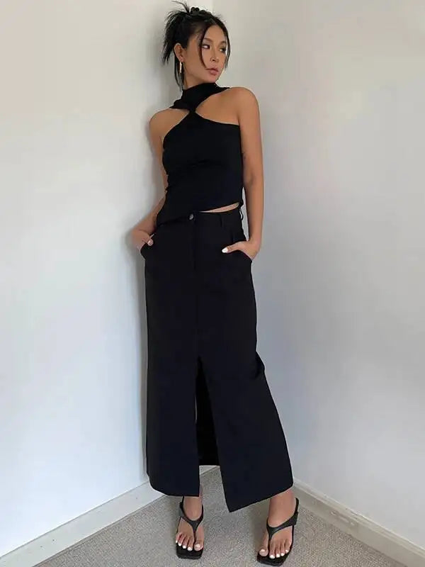 WOMENGAGA Retro High Waist Half Skirt Girl Bifurcate Slim A-LINE Gray Skirts Fashion American Spicy Girls 2023 New 5P2F