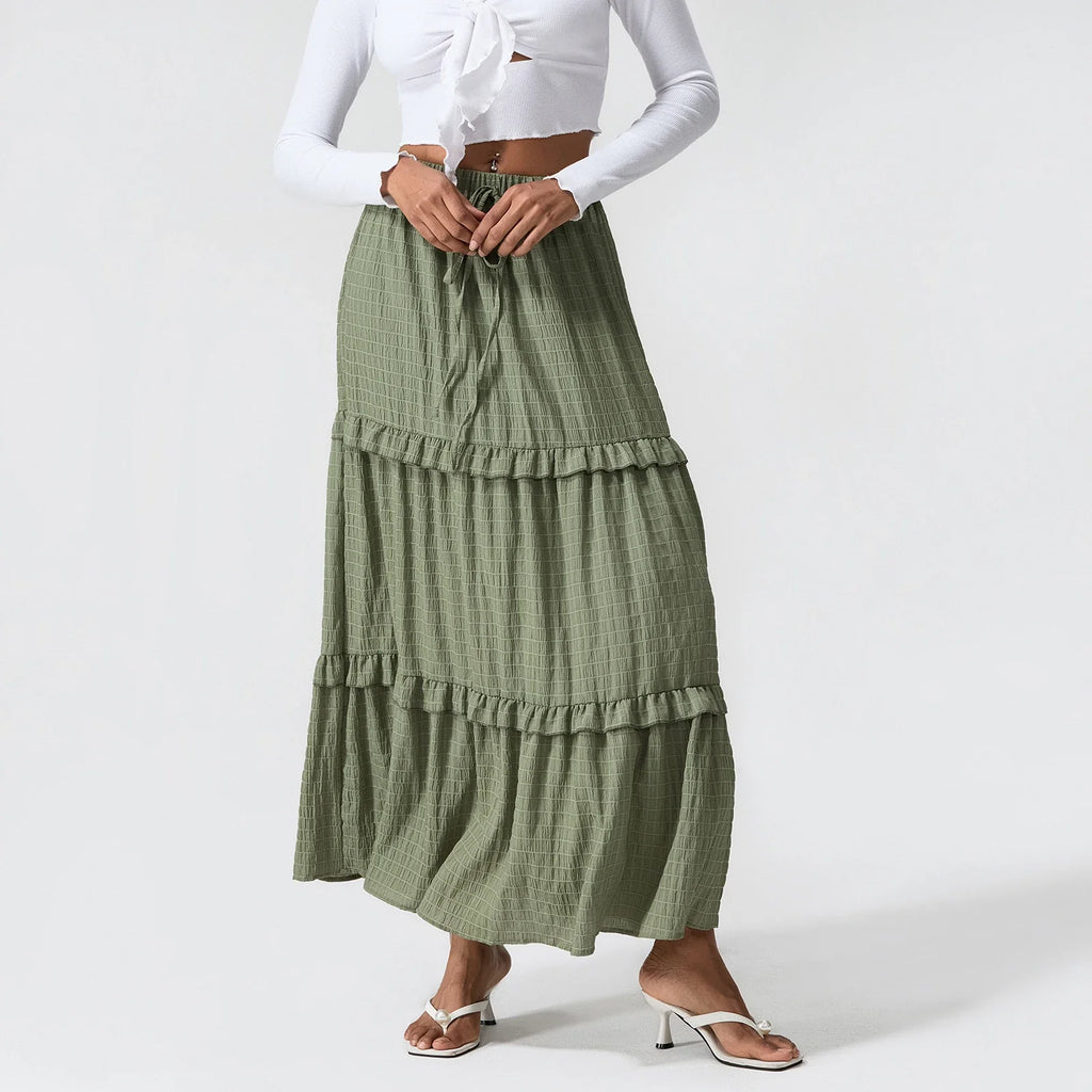 Elegant Women Long Tiered Skirt Summer Autumn Casual Ruffled Shirred Frill Trim Elastic Waist Drawstring A-Line Skirt Streetwear