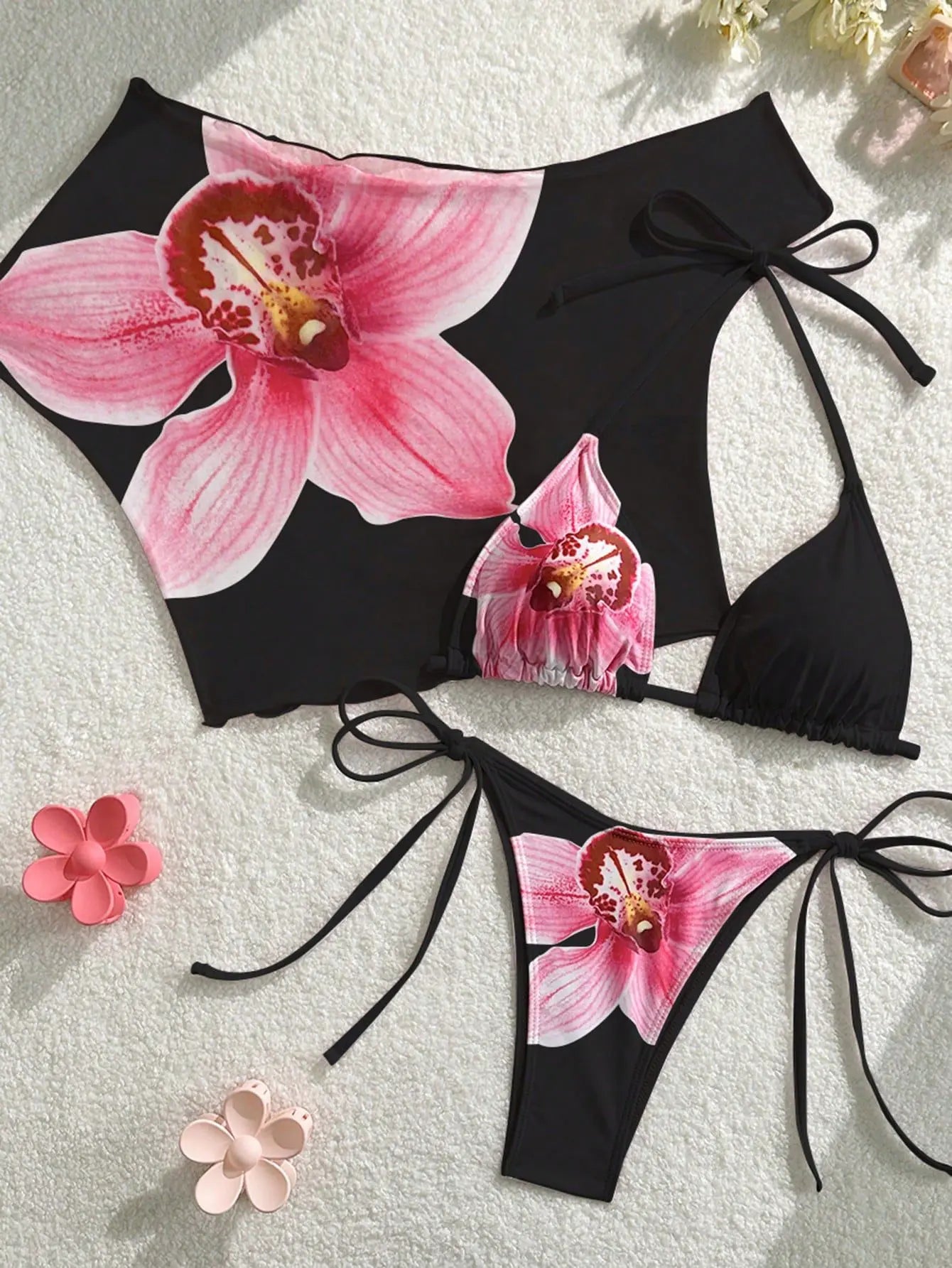 Sexy Pink Floral Print Short Sleeve Cover Up 3 Piece Bikini Set 2026 Women Push Up Thong Swimsuit Holiday Bathing Suit Swimwear