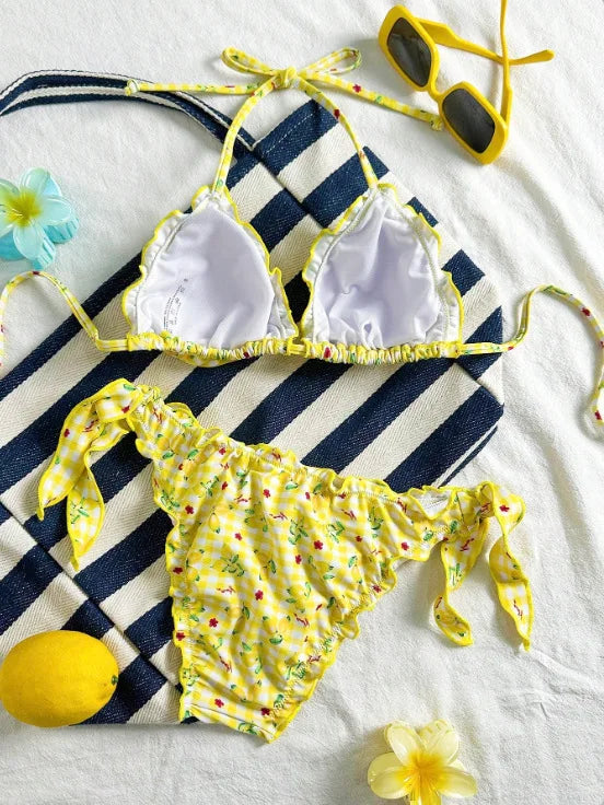 Cute Orange Floral Print Bikini Set Women Halter Ruffles Push Up Tie Side Thong Swimsuit 2026 Summer Bathing Suit Micro Swimwear
