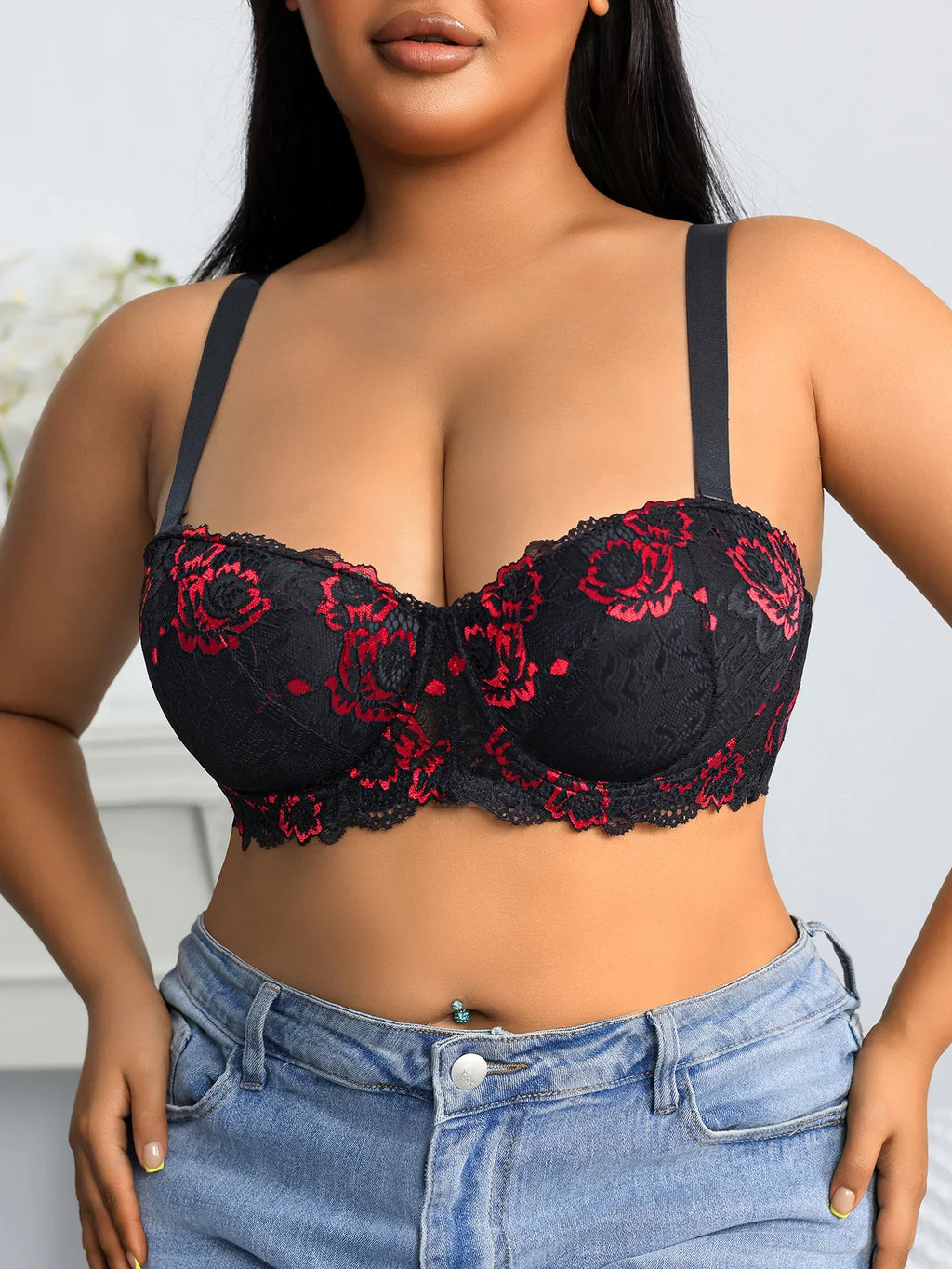 Plus Size Lace Women's Bra BCD Thin Cup Floral Embroidered Push up Bra Side Support Comfortable Underwire Lingerie Bra Women