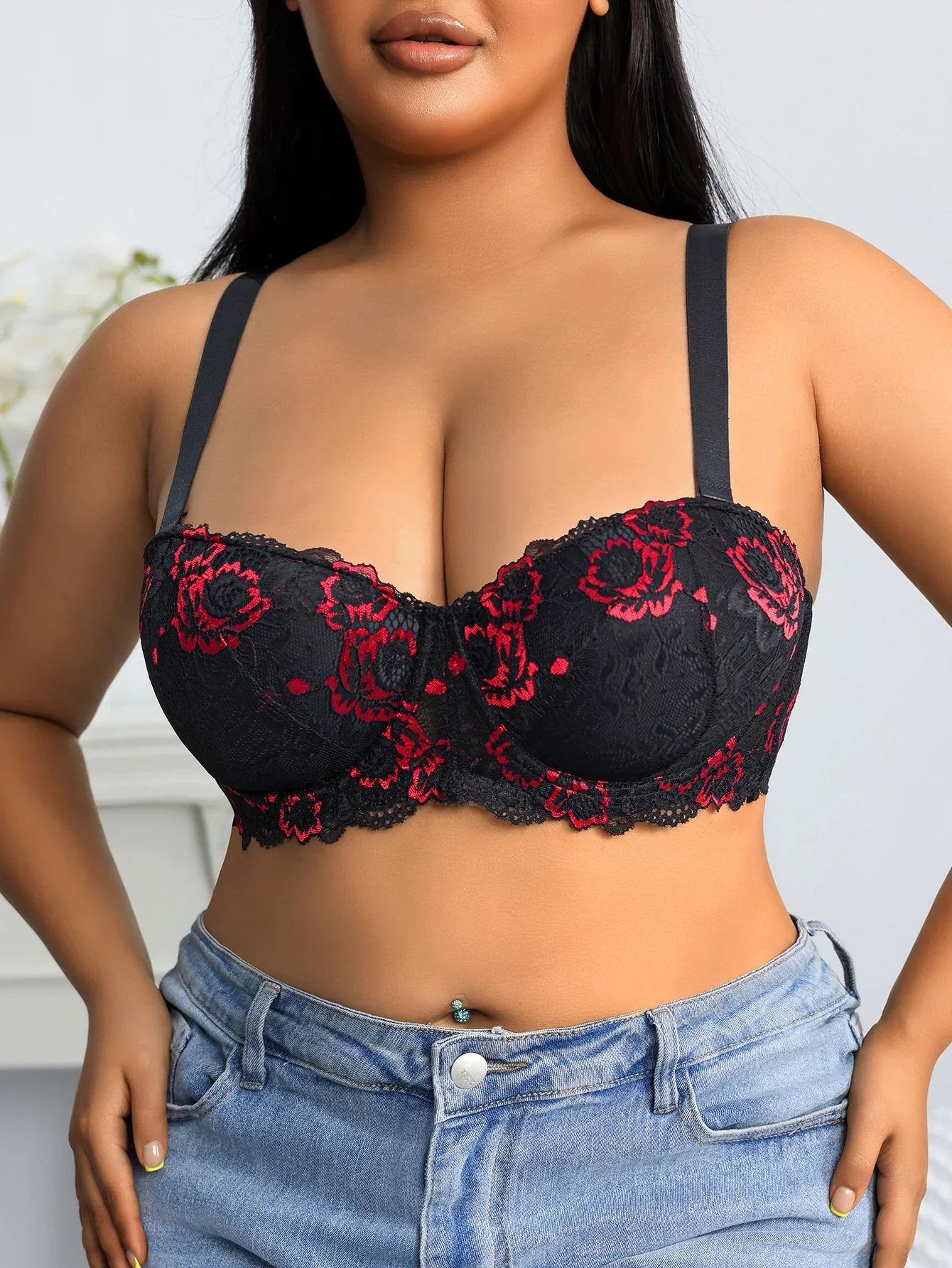 Plus Size Lace Women's Bra BCD Thin Cup Floral Embroidered Push up Bra Side Support Comfortable Underwire Lingerie Bra Women