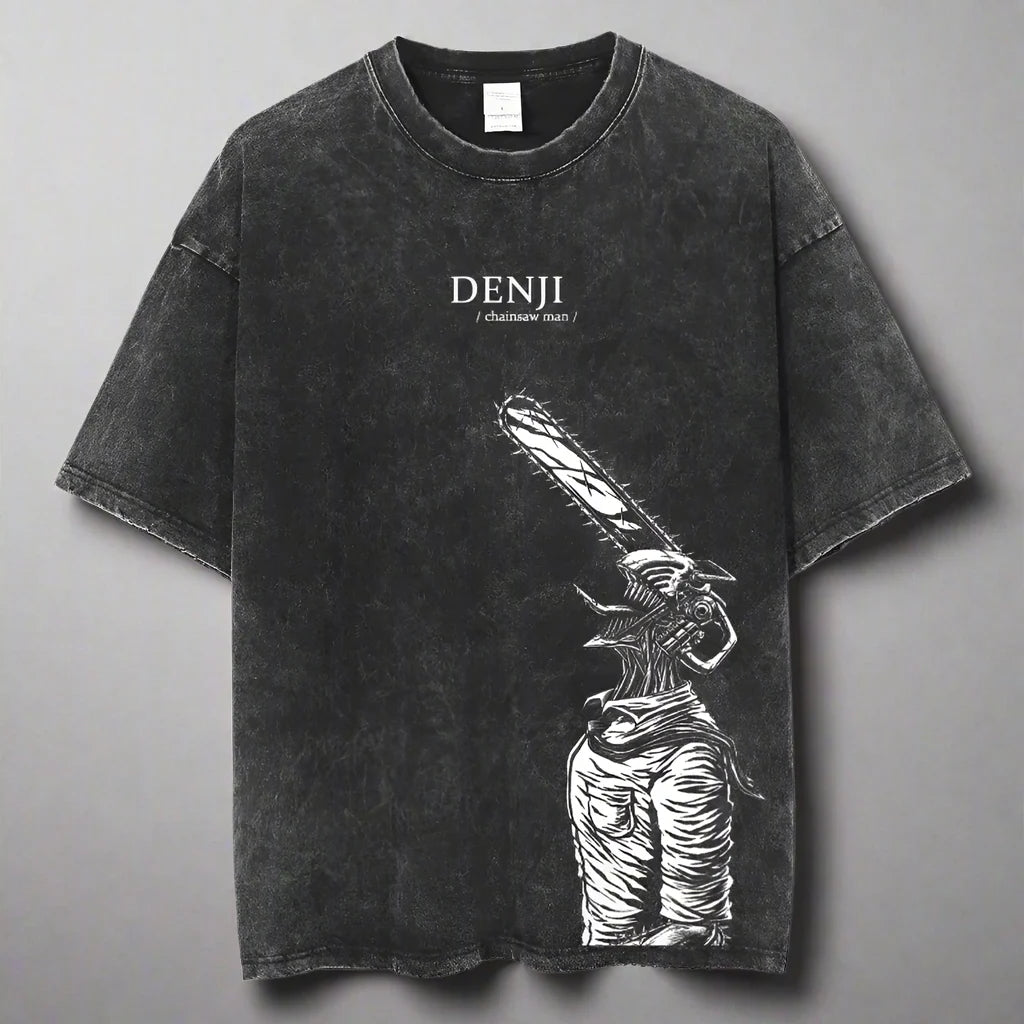 🪚 Chainsaw Man Acid-Washed Vintage Graphic T-Shirt – Harajuku Streetwear