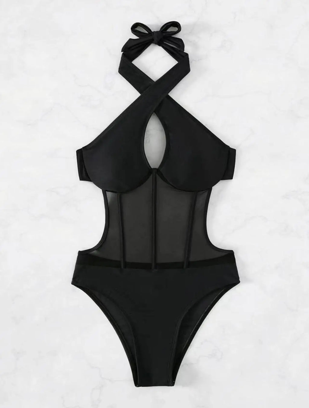 Sexy See Through One Piece Swimsuit 2025 Women Halter Corss Underwire Tummy Control Swimwear Solid Black Hot Pink Bathing Suits