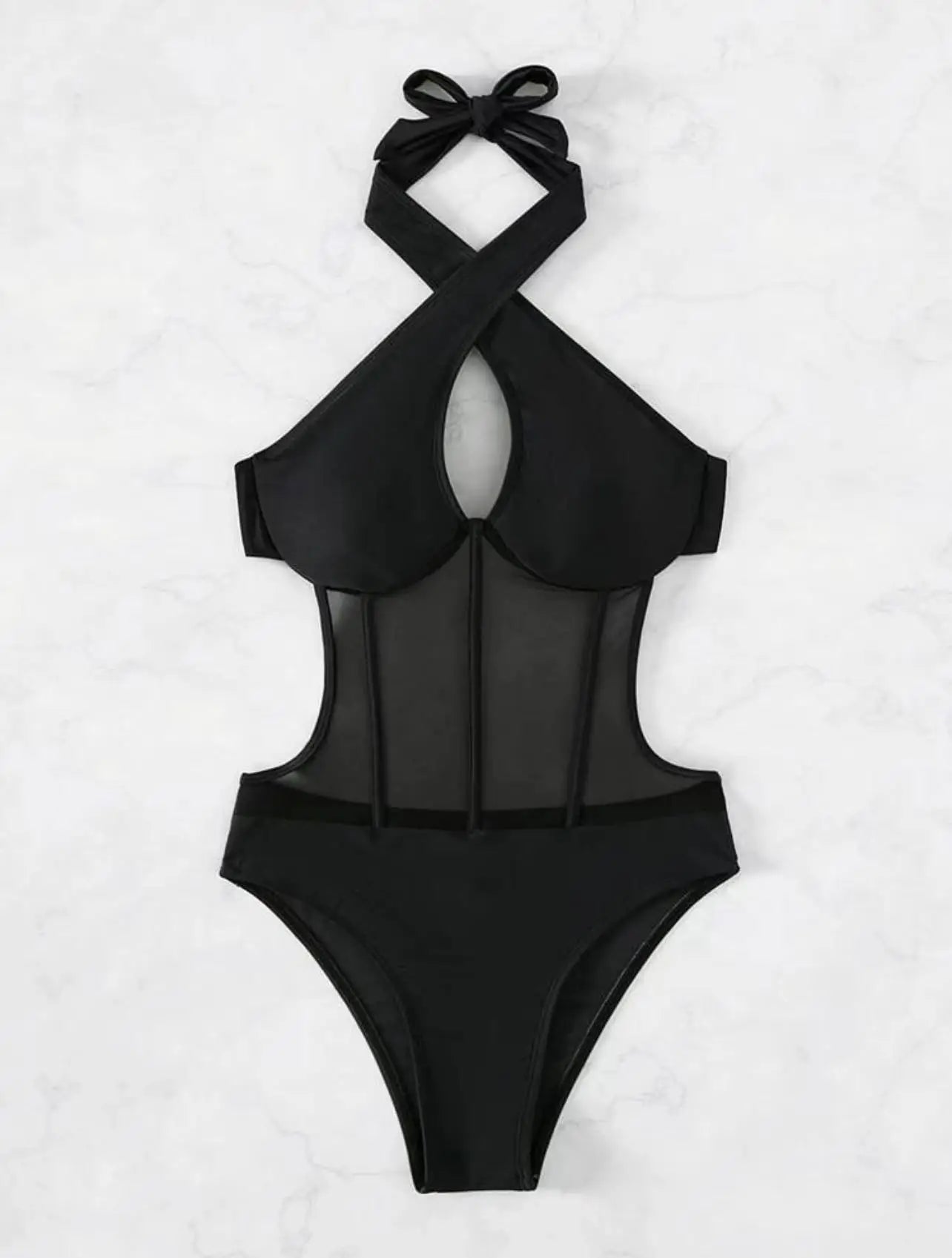 Sexy See Through One Piece Swimsuit 2025 Women Halter Corss Underwire Tummy Control Swimwear Solid Black Hot Pink Bathing Suits