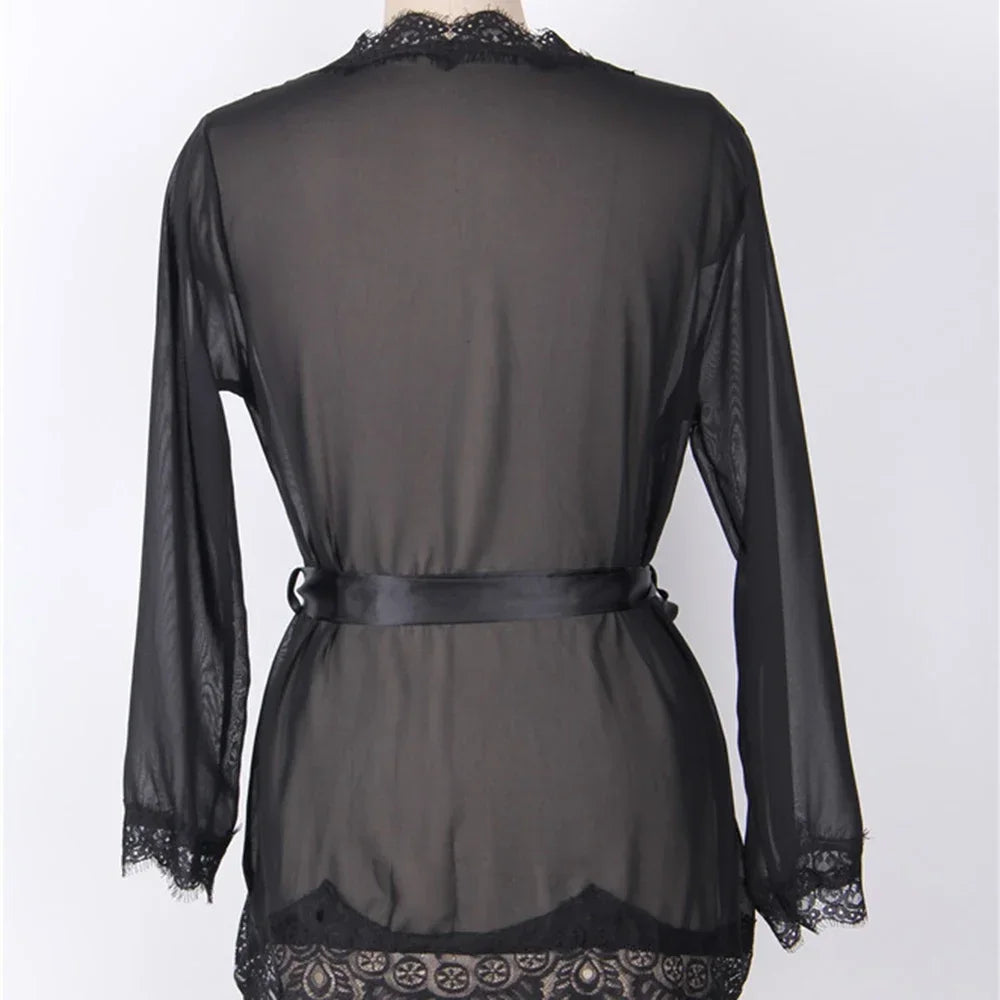 Sexy Lingerie Women Nightgown Black Lace Transparent Mini Dress with Belt and Panties Set Nightwear Sleepwear