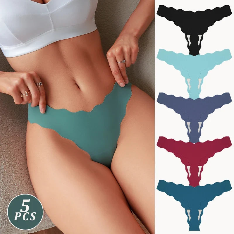 5Pcs Seamless Full-Body Fan-Shaped Wave Decorative Briefs Sexy Thongs Comfortable Breathable Stretch Underwear Women's Lingerie