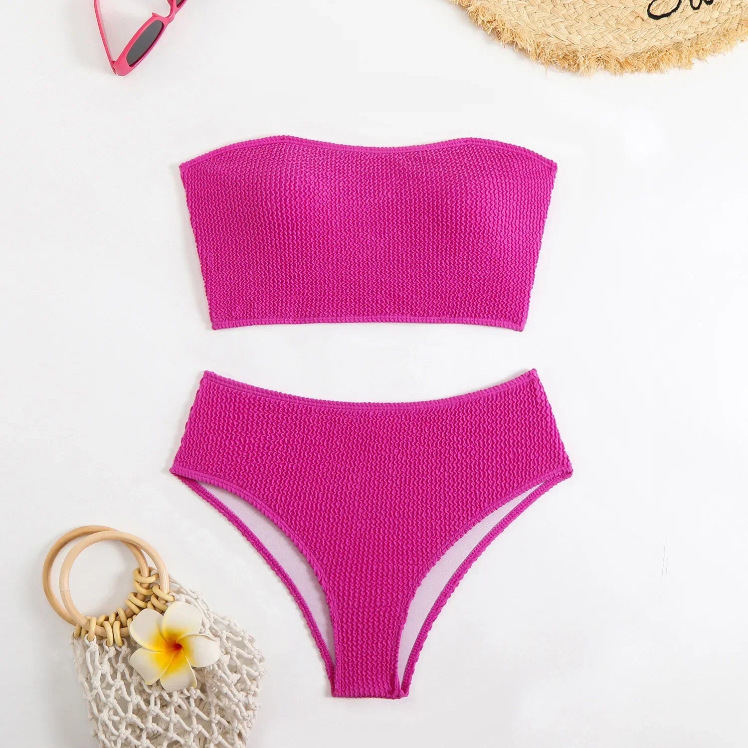 Sexy Bandeau Bikini 2025 Mujer Women Black Ribbed Push Up High Waist Swimsuit Summer Beach Bathing Suit Holiday Swimwear Biquini