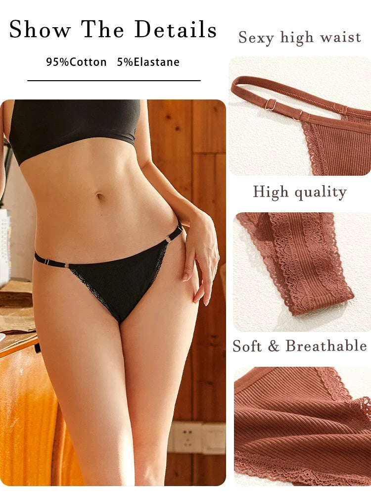 4Pcs Cotton Lace Panties Sexy G-String Women's Underwear Low Waist Comfortable Lingerie Briefs Adjustable Waist Thong Intimates