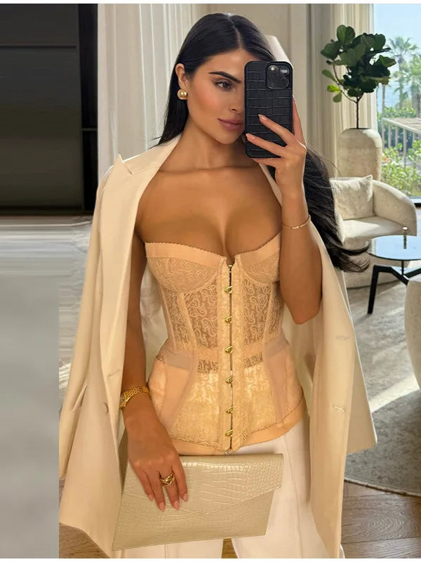 Spicy Girl Sexy Tight Corset Sexy Lace Hollow Out Sleeveless Strapless Tube Top 2025 Summer Fashion Women Street Trendy Tanks