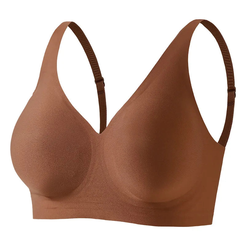 Women's Deep V Jelly Seamless Bra Wire-Free 3D Soft Support Thin Molding Leopard Print Solid Color Comfortable Bra Underwear