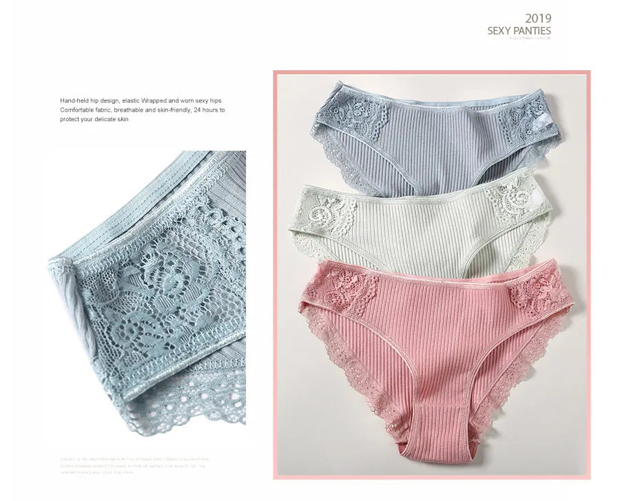 3Pcs/set Women's Cotton Panties M-2XL Women Patchwork Lace Underwear Sexy Low Waist Briefs Ladies Comfortable Underpants 2022