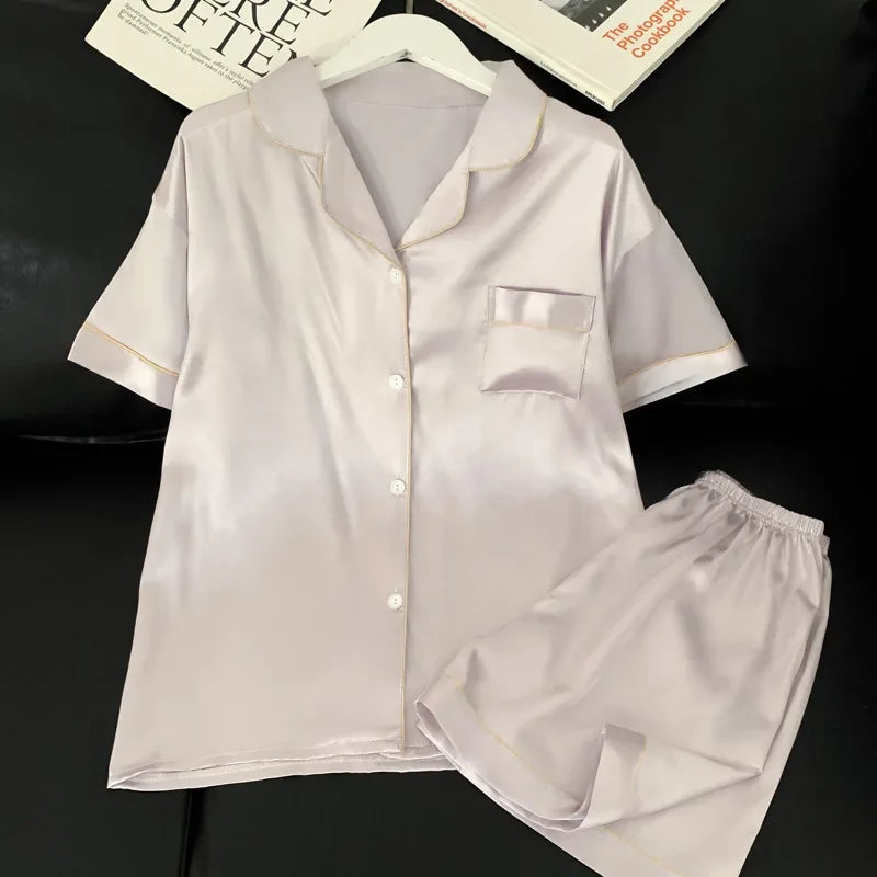 Sweet Simple Ice Silk Pajamas for Women  Thin Short-sleeved Home Clothes Suit Nightwear Women's Pajamas Set Nightie Summer