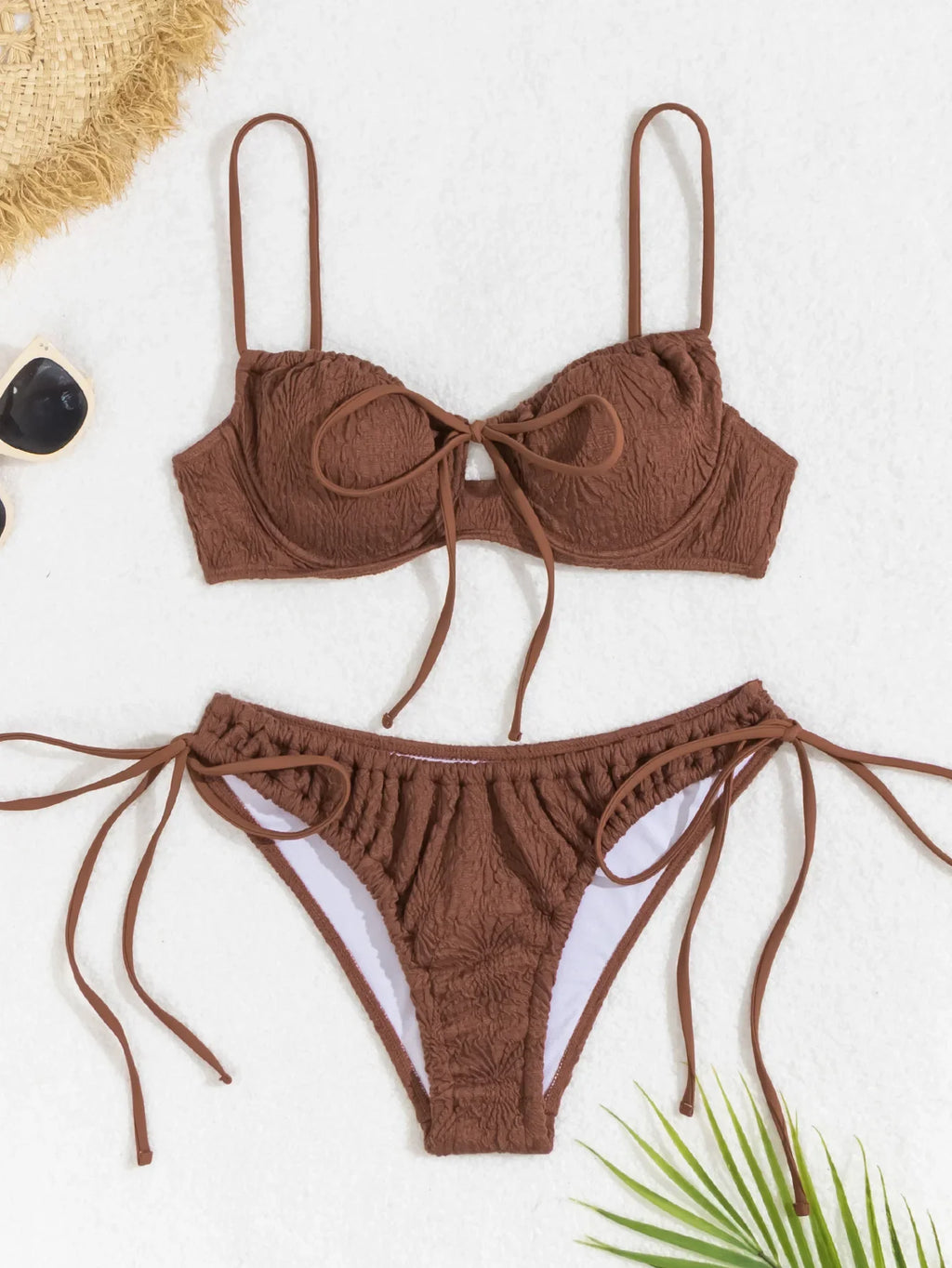 Sexy Coffee Bikini 2026 Women Front Tie Push Up Underwire Swimsuit Brazilian Cut Out Beach Bathing Suit Tie Side Thong Swimwear