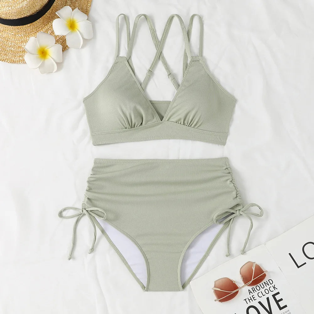 Women's Two Piece Swimsuit Black Double Strap Push Up Pleate Drawstring Side High Waist Bikini 2025 Beach Bathing Suit Swimwear