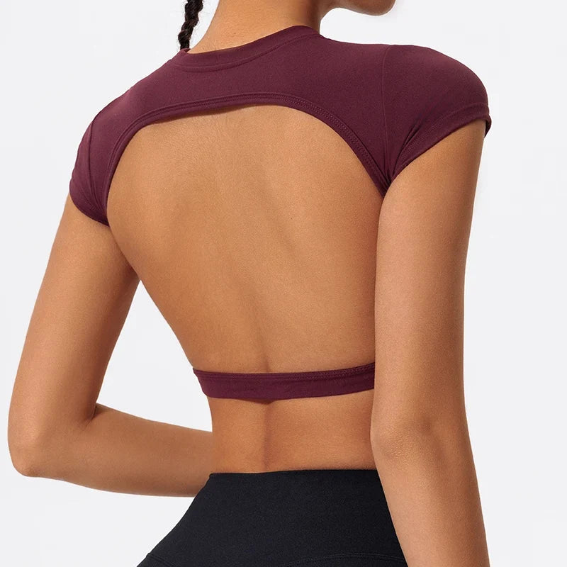 Hearuisavy Summer Sports Shirts Workout Tops Fitness Activewear Quick-Dry Yoga Clothes Sport Crop Tops Backless Gym Top Women