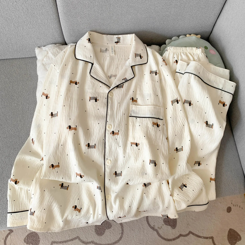 Women's Pajama Set Thin Cotton Cardigan Long Sleeve Pants Spring and Autumn Cartoon Dachshund Home Wear Set for Women Sleepwear