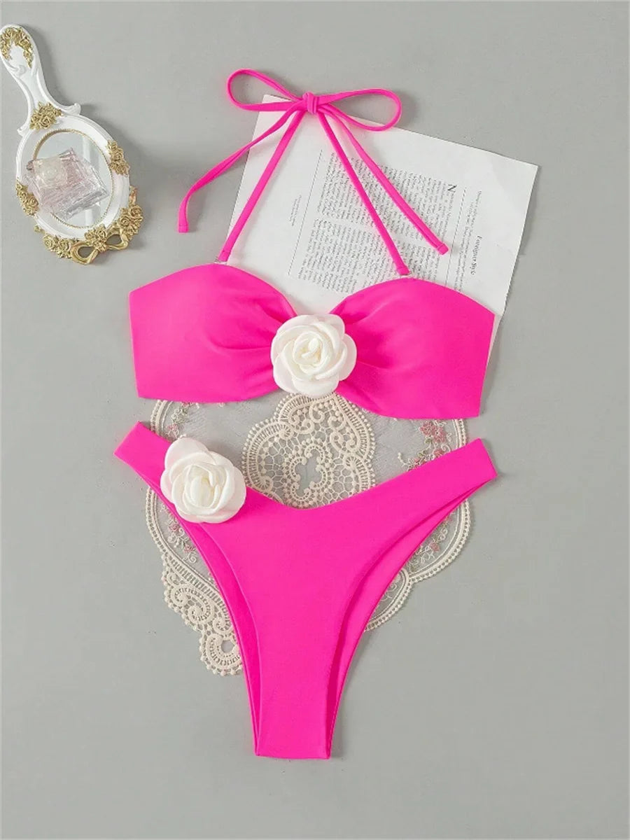 3D Flowers Bandeau Bikini 2024 Women Sexy Green Contrast Push Up Micro Swimsuit Bathers Bathing Suit Thong Swimwear Beachwear