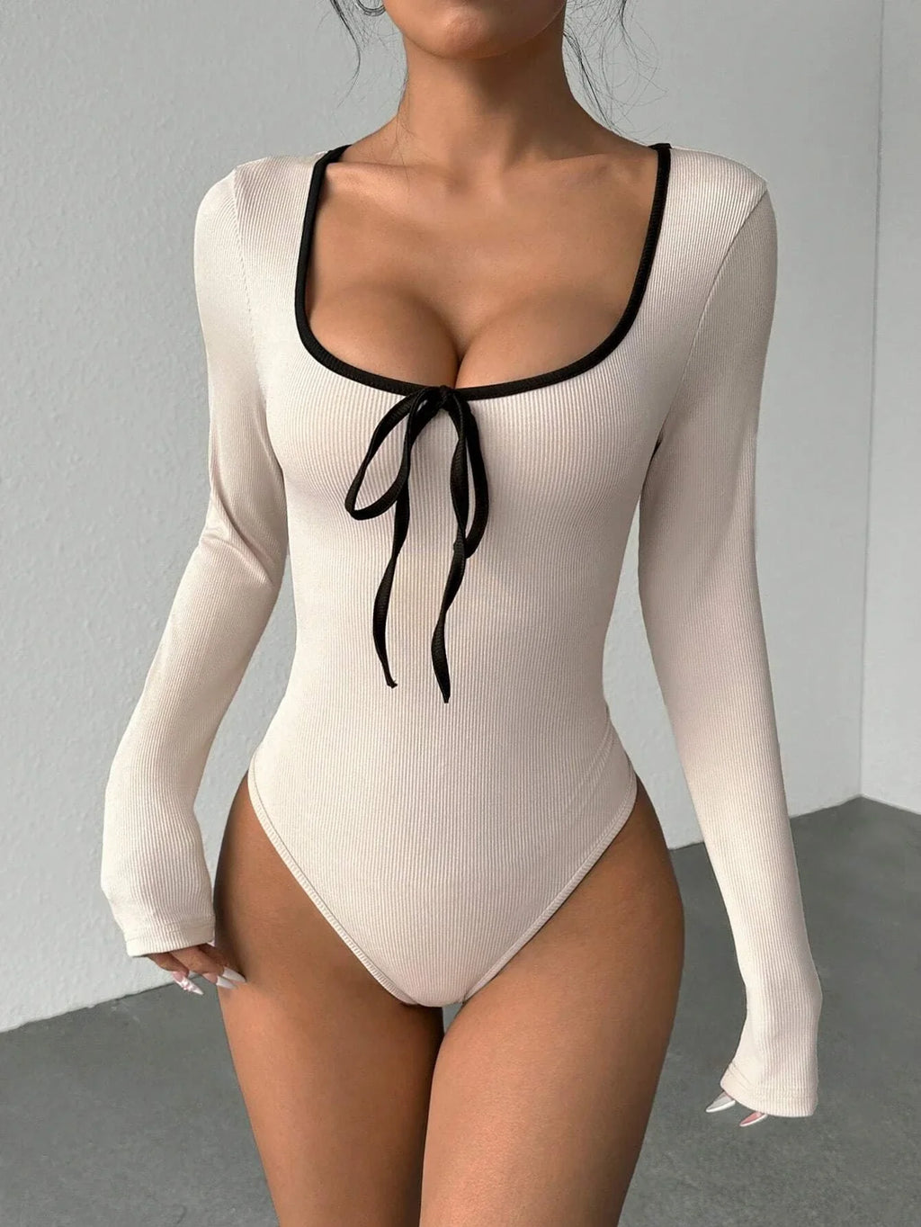 Women's Sexy U-Neck Bowknot Color Block Long Sleeve Bodysuit Casual Slim Fit Rib-knit Bodycon Spring/Fall Streetwear