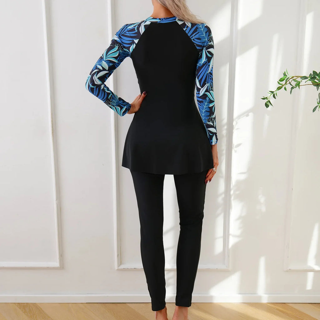 Muslim Swimwear Burkini Sets for Women Black Floral Print Zipper Long Sleeve Top Long Panties Sports Swimsuit Bathing Suit