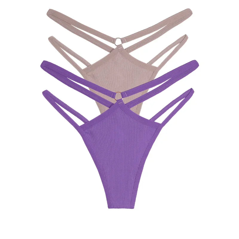 2PCS Women Sexy Cotton Panties Two Belts Hollow Out G-String Thongs Breathable Underwear for Female Solid Color Lingerie S-XL