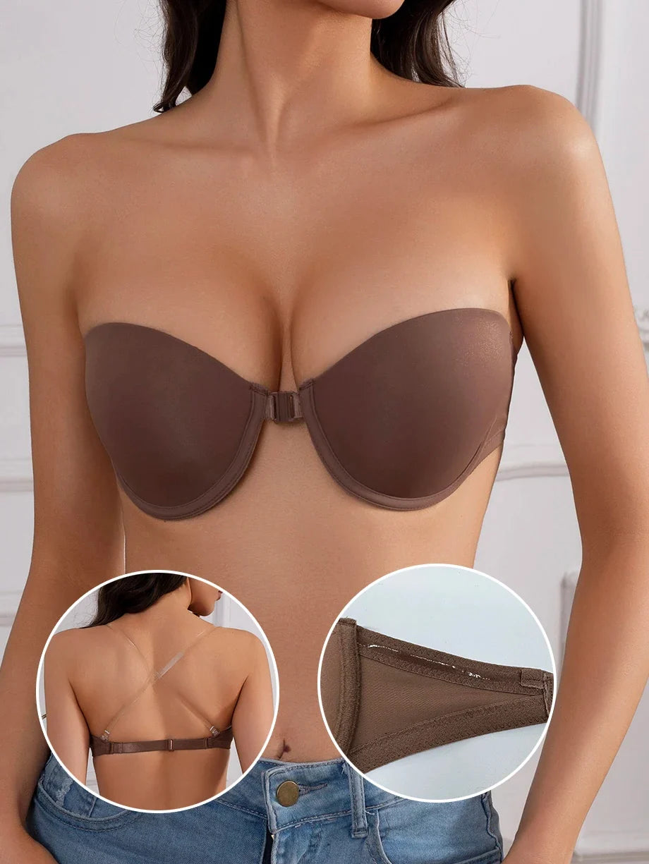 Women's Half Cup Strapless Bra Front Closure Clear Strap Bra Non-Slip Silicone Band Underwire Support Women's Underwear