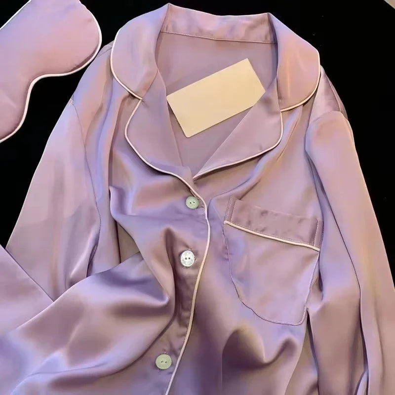 High Quality Ice Silk Light Luxury Pajamas Women's Pajama Spring and Autumn Style Long Sleeve Home Set Satin Nightwear Sleepwear