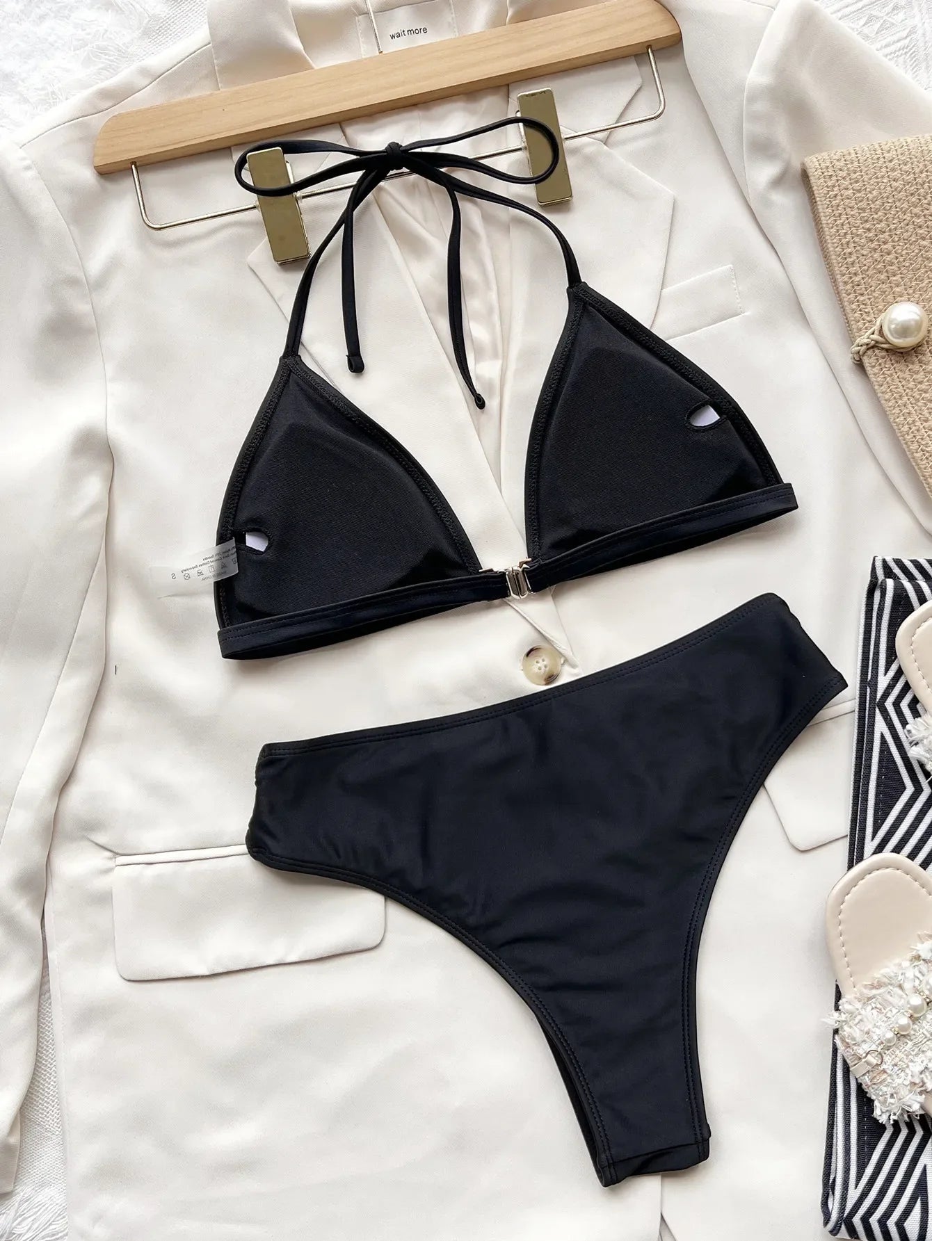 Sexy Hollow Out High Waist Bikini Set 2026 Women Black Rhinestones Buckle Push Up Swimsuit Brazilian Beach Bathing Suit Swimwear