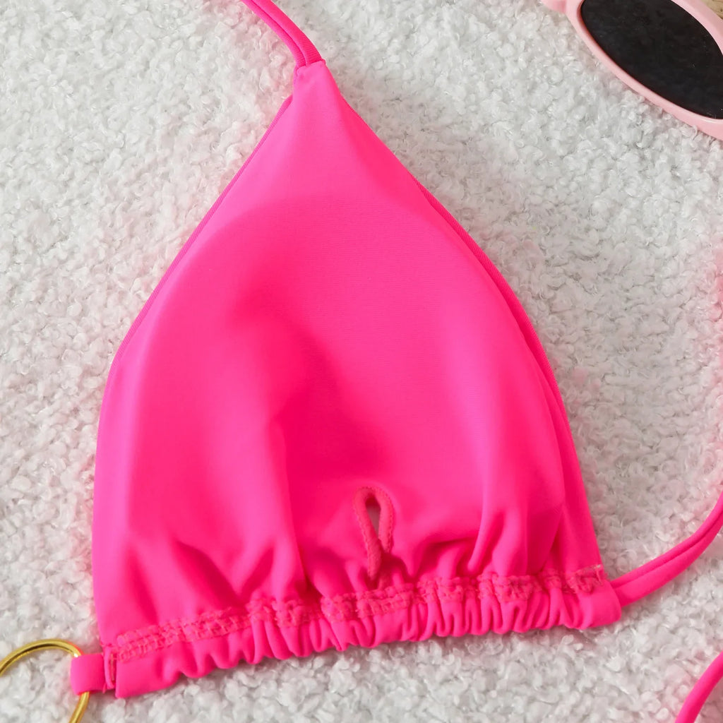 Sexy Metal Heart Ornament Bikini Set 2026 Women Blue Pink Halter Push Up Bra Thong Swimsuit Beach Bathing Suit Vacation Swimwear