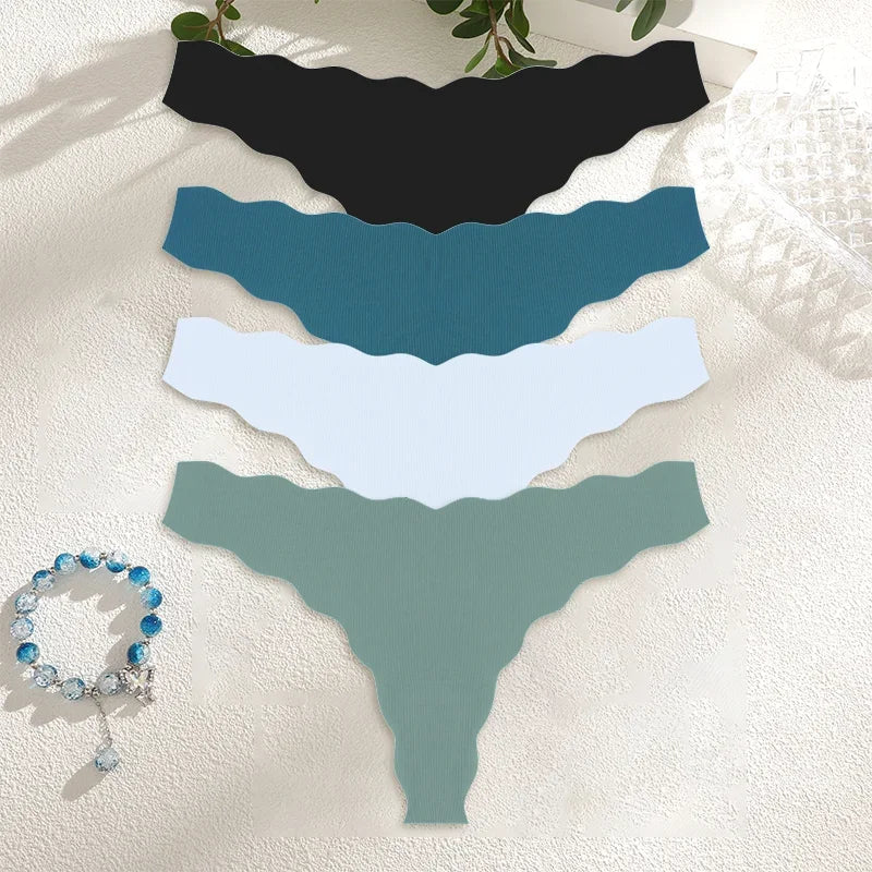 4Pcs Women Seamless Panties Wavy Design Ultra-thin Thongs Women Ice Silk Underwear Sexy Panty Low Waist G-string Female Solid