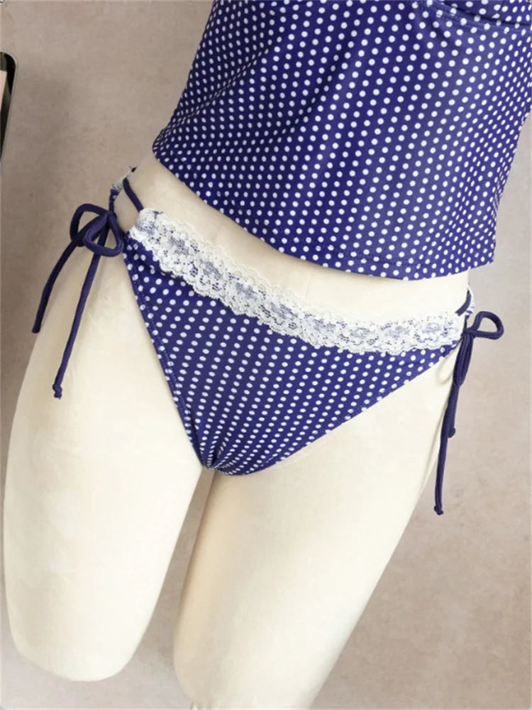 Sexy Blue Polka Dot Print Bikini Set 2026 Women Lace Trim V Neck Tank Top Tie Side Thong Swimsuit Bathing Suit Holiday Swimwear