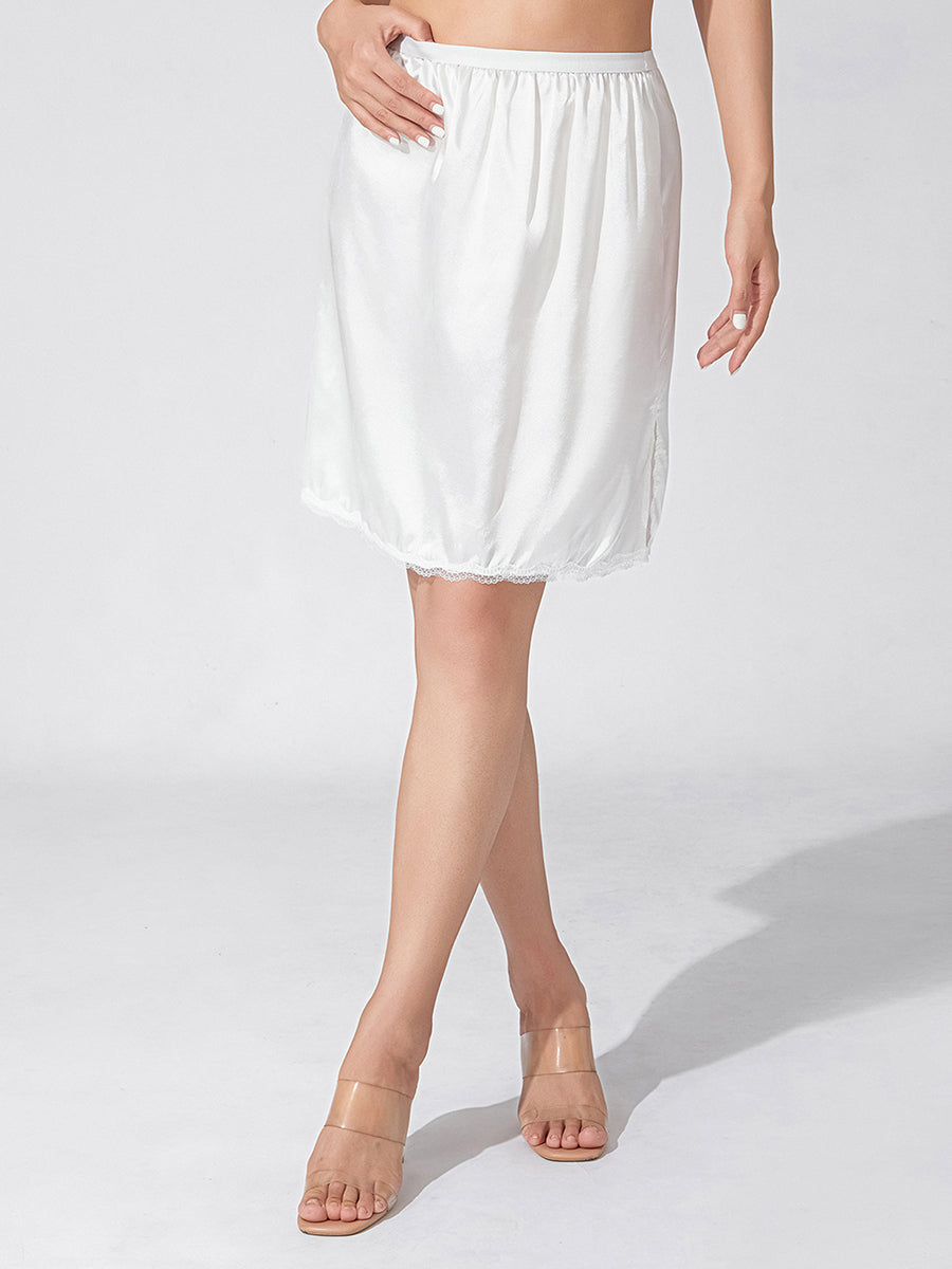 Women's Solid Color Skirts Elastic Waist Satin Underskirt Lace Trim Skirt for Under Dresses Black/White