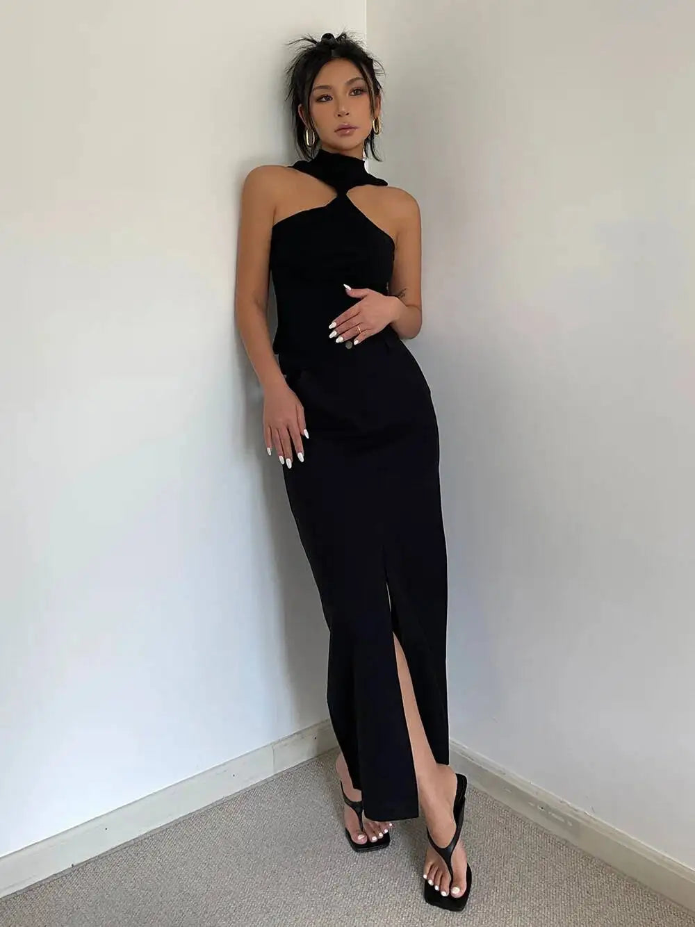 WOMENGAGA Retro High Waist Half Skirt Girl Bifurcate Slim A-LINE Gray Skirts Fashion American Spicy Girls 2023 New 5P2F