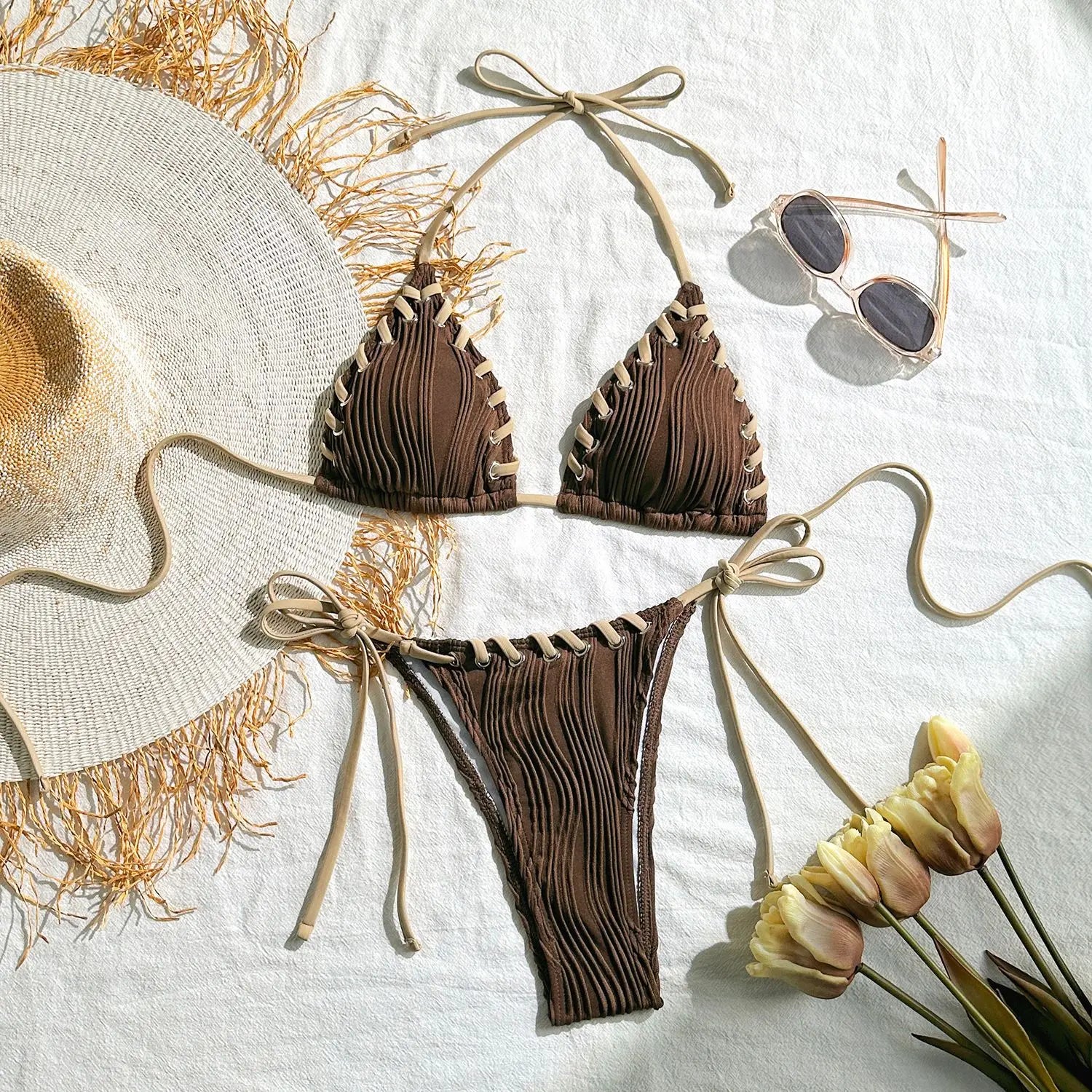 Sexy Micro Bikini 2025 Women Beige Brown Pink Weave Bandage Cross Crochet Swimsuit Brazilian Beach Bathing Suit Thong Swimwear