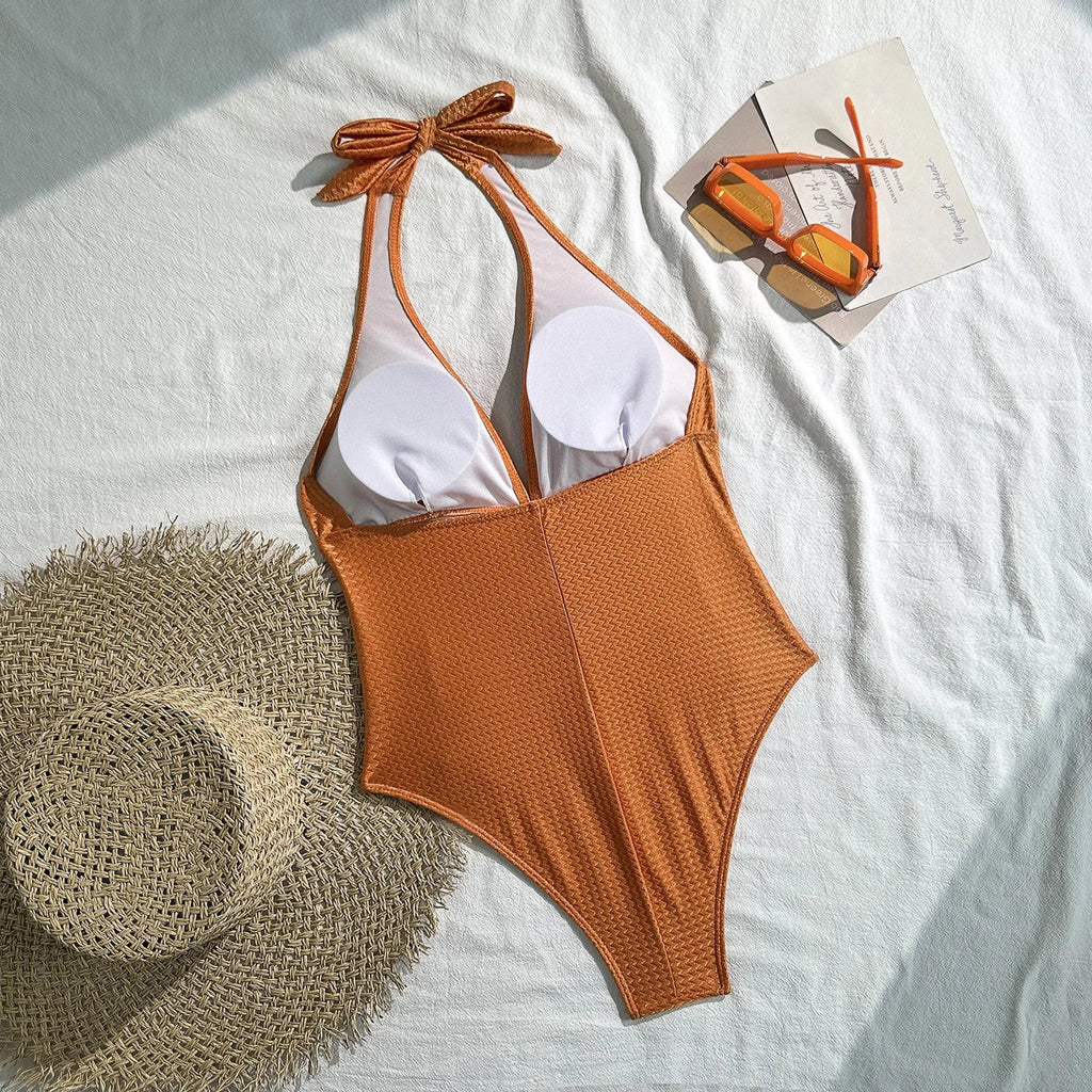 New Deep V Neck One Piece Swimsuit 2026 Women Orange White Pleate Tummy Control Swimwear Beach Holiday Bathing Suit Monokini