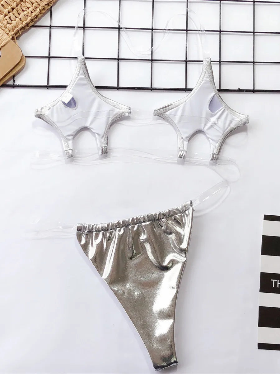 Micro Bikini Women Clear Strap Push Up Bra Neon Yellow Gold Transparent Swimsuit Women Triangle Bather Thong Swimwear Biquini