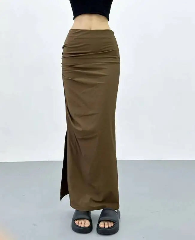 2026 New Pleated Side High Slit Half Length Skirt Women's Summer Spicy Girl Pure Desire Slim Wrap Hip Solid A-line Skirt 7MHN