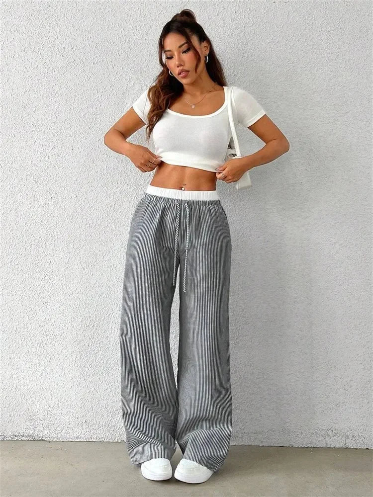 Women's Casual Striped Woven Wide Leg Pants Fall Winter 2024 Casual Stylish Full Length Trousers Y2K Clothes Streetwear