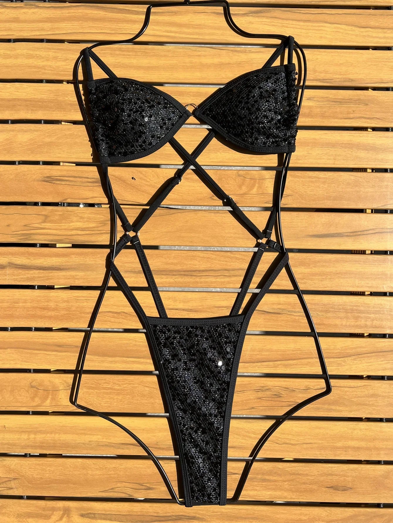 Shiny Sequin Black One Piece Swimsuit 2026 Women Sexy Hollow Out Backless Thong Bikini Summer Bathing Suit Swimwear Monokini